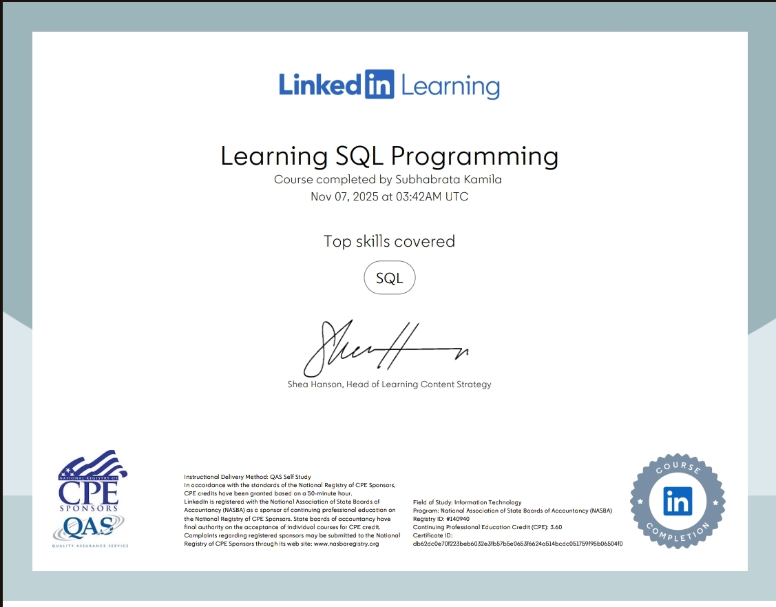 Learning SQL Programming certificate